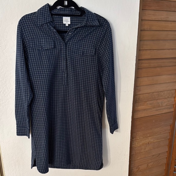 Navy Checkered 100% Cotton Long Sleeve Shirt Dress - Picture 1 of 6